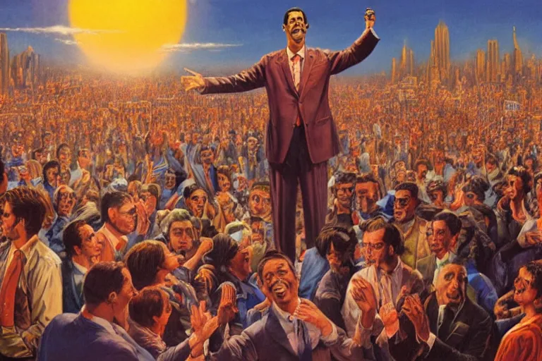 Prompt: a picture of a happy subgenius - salesman at a alter speaking to a crowd of cultists holding up dollars, lights in the sky, sunrise, a detailed matte painting by mort kunstler, pixiv, kitsch movement, city background, movie poster, official art