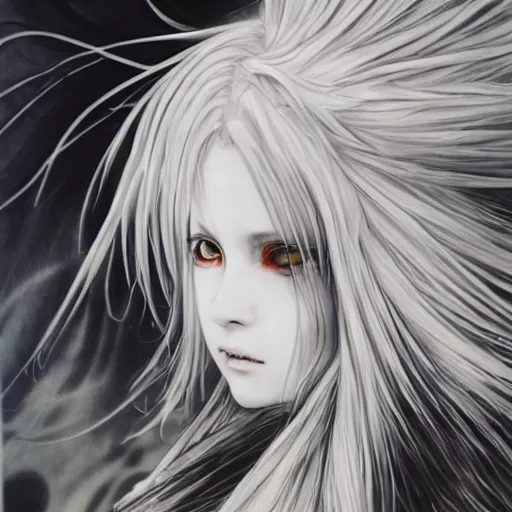 Image similar to Yoshitaka Amano realistic illustration of an anime girl with black eyes, wavy white hair fluttering in the wind and cracks on her face wearing Elden ring armour with engraving, abstract black and white patterns on the background, noisy film grain effect, highly detailed, Renaissance oil painting, weird portrait angle, blurred lost edges, three quarter view