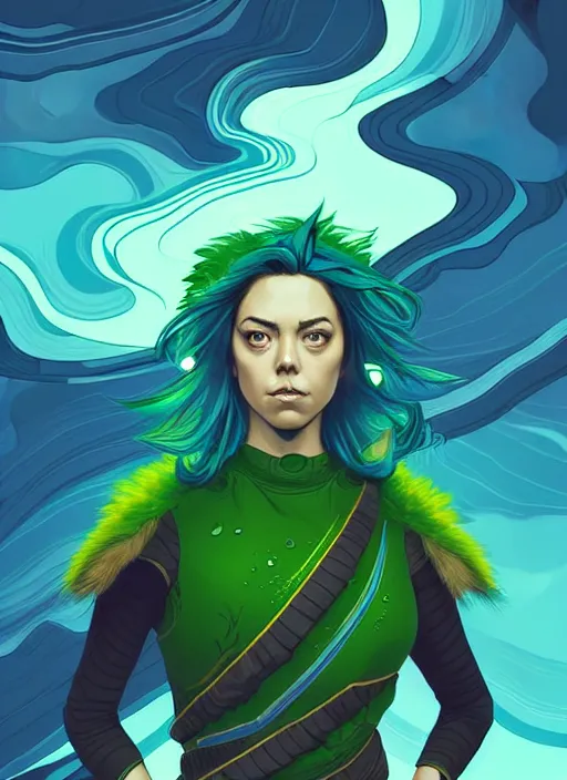 Image similar to style artgerm, joshua middleton, illustration, aubrey plaza as a warrior monk wearing green pelt light armor, blue hair, swirling water cosmos, fantasy, dnd, cinematic lighting