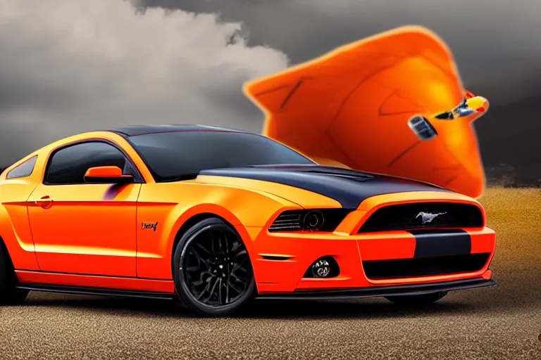 Image similar to a photo hyperrealistic flying bright orange Ford Mustang spaceship