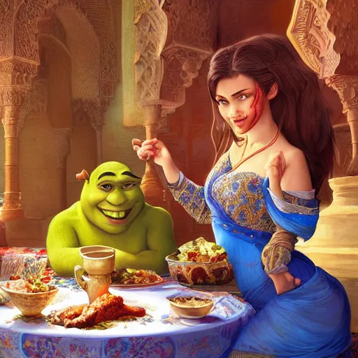 Image similar to shrek eating moroccan tagine, highly detailed, digital painting, artstation, concept art, smooth, sharp focus, illustration, art by artgerm and greg rutkowski and alphonse mucha