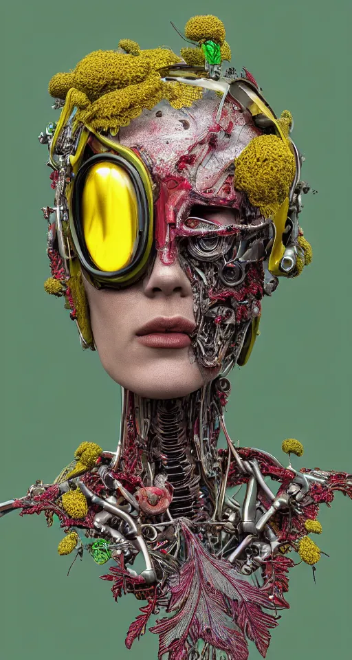Prompt: cinema 4d colorful render, organic, ultra detailed, of a painted realistic face with glass helmet, scratched. biomechanical cyborg, analog, macro lens, beautiful natural soft rim light, blood, veins, sicko, winged insects and stems, roots, fine foliage lace, green and yellow details, Alexander Mcqueen high fashion haute couture, art nouveau fashion embroidered, intricate details, mesh wire, computer components, motherboard, floppy disk eyes,mandelbrot fractal, anatomical, facial muscles, cable wires, elegant, hyper realistic, in front of dark flower and feather pattern wallpaper, ultra detailed, 8k post-production