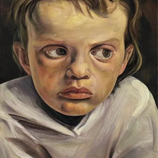 Image similar to Oil painting Portrait of a sad child, by Lucian Freud, Abstract brush strokes, Masterpiece