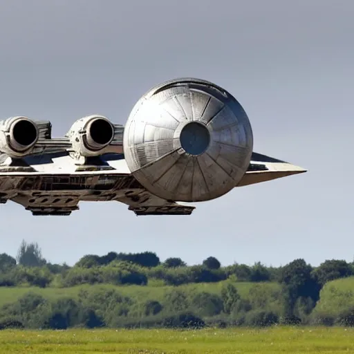 Image similar to the millennium falcon landing at heathrow airport.