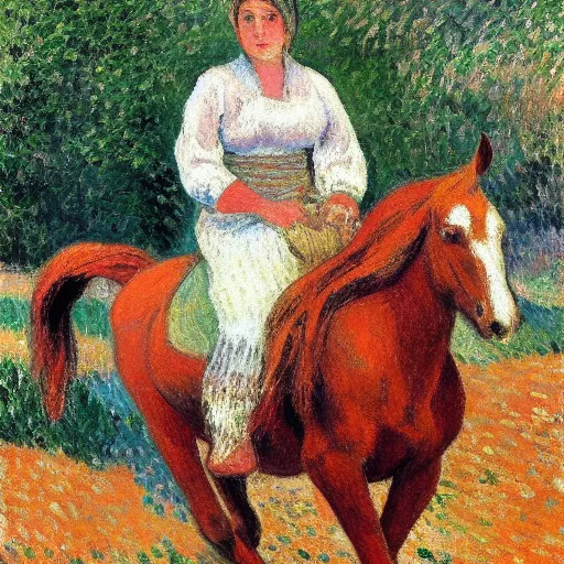 Prompt: placid, brightvibrant by camille pissarro. a land art of a heroine riding on a magnificent red horse. traditional russian folk costume & headscarf. pale & beautiful, resolve in her eyes. horse's hooves churn up earth as they gallop, dark forest looms.