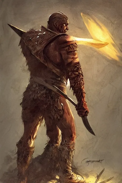 Image similar to a giant warrior in hide leather armor holding an axe, leaning against an ax, hatchet!!! concept art in style of Greg Rutkowski, painted by Frank Frazetta, John Singer Sargant