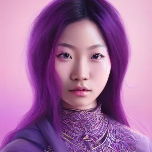 Prompt: asian girl portrait, purple teal, intricate, highly detailed, digital painting, artstation, concept art, smooth, sharp focus, illustration, Unreal Engine 5, 8K, artgerm, rutkowski, mucha