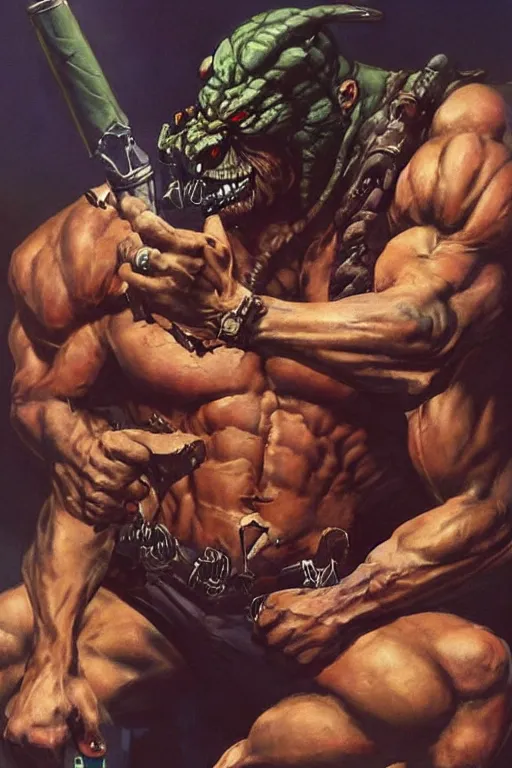 Prompt: A muscular demon smoking a cigar in a cyberpunk setting, by Frank Frazetta, 1980s color palette, Trending on Artstation, highly detailed,