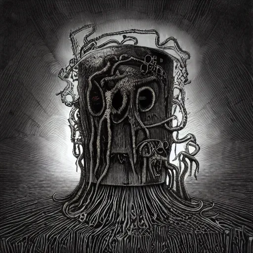 Image similar to lovecraftian mr bucket, surrounded by beams of light dark background by wayne barlow, stanley donwood, anton semenov, zdzislaw bekinski, hr giger, 8 k, fantasy, dark, highly detailed