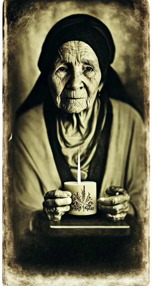 Prompt: a wet plate photograph, a portrait of a wise old woman holding a lit incense candle