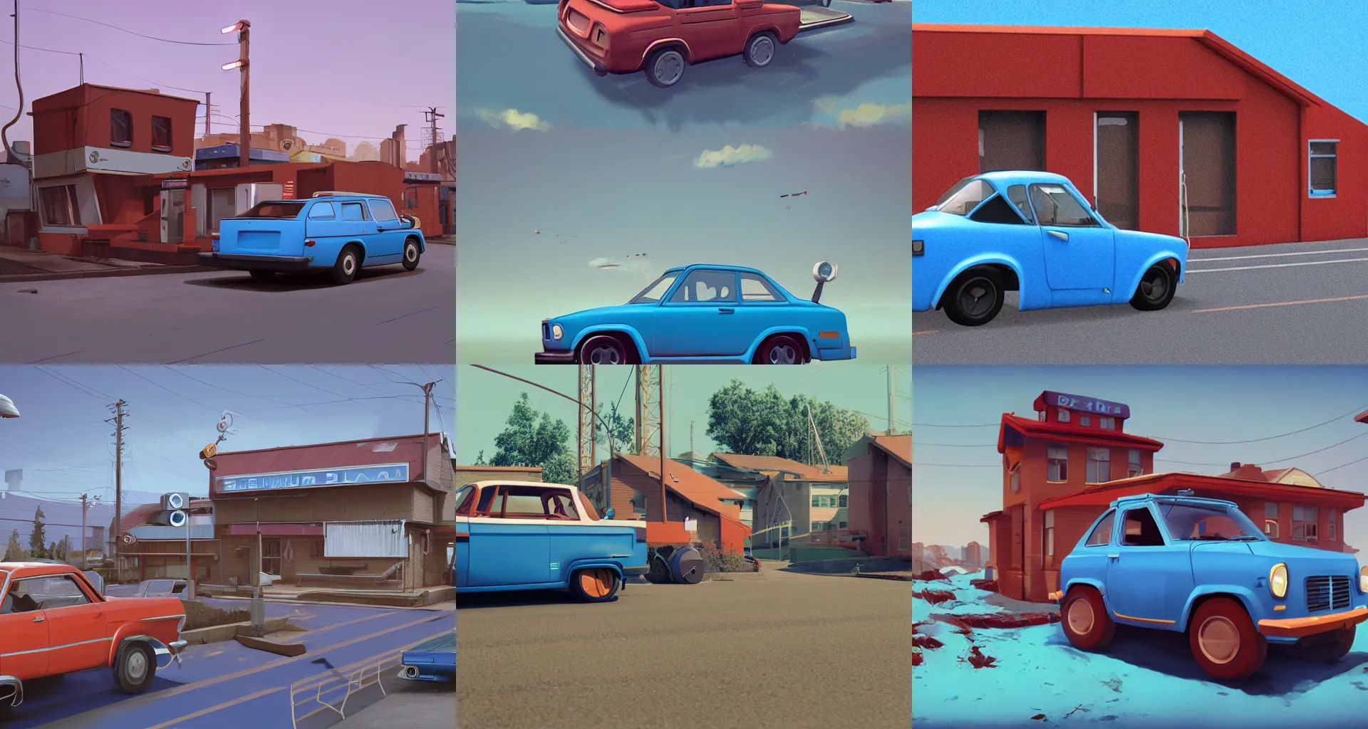 Prompt: a blue car with a red top and a brown roof, a computer rendering by Simon Stålenhag, trending on cgsociety, retrofuturism, rendered in maya, isometric, polycount