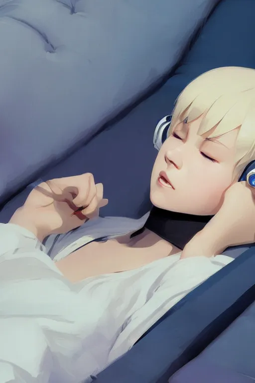 Prompt: a cute young woman lying on a couch while listening to music with her eyes closed and wearing headphones in the style of Ilya Kuvshinov and Range Murata, white bob cut hair, blue filter, blue and white, soft lighting, atmospheric, cinematic, moody, digital painting by Krenz Cushart, 8k