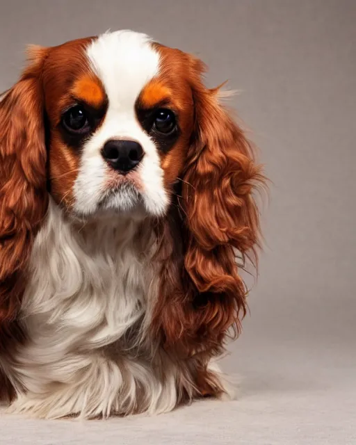 Prompt: a cavalier king charles sitting on a throne