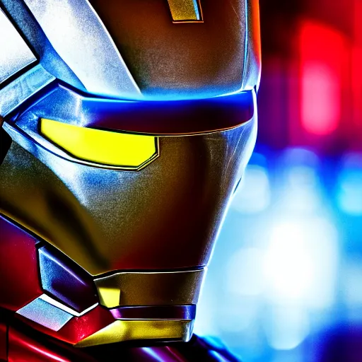 Image similar to Cyberpunk Iron man, close up shot, neon, cyborg, futuristic, photorealistic, 8K, reflection on helmet,
