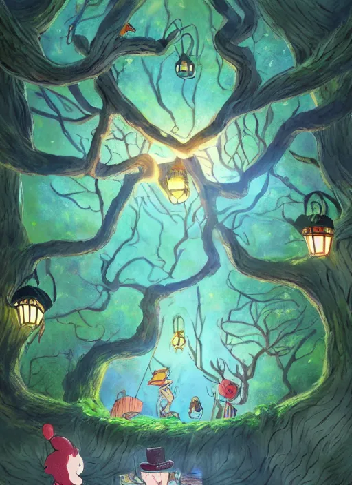 Prompt: a nighttime tea party in a hollow tree, as seen from the canopy, colorful lanterns in the branches, dense forest, massive trees with warm windows, huge tree trunks, low light, dark blue sky, trending on artstation, highly detailed, in the style of Over the Garden Wall, Studio Ghibli, and A. A. Milne