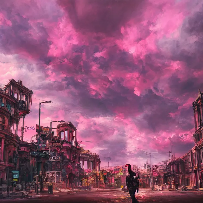 Prompt: oil painting, rich deep colors masterpiece, pink, punk, neon, ultra detailed, contrast, heaven pink, lots of roman arches, bright punk, punk rock, people with mohawks, clouds, sky, volumetric light, atmospheric lighting, dramatic, cinematic, steampunk, moody, octane render 4 k, 8 k