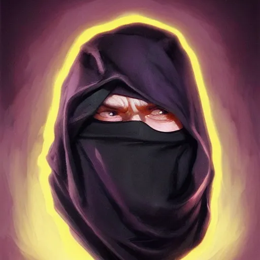 Image similar to ultra realistic illustration, man in a black hood, in a striped purple balaclava, mysterious, highly detailed, digital painting, artstation, concept art, smooth, sharp focus, illustration, art by artgerm and greg rutkowski and alphonse mucha