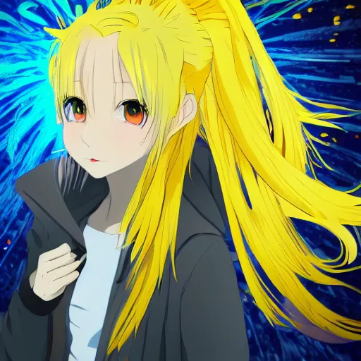 Image similar to yellow hair anime girl with blue eyes poster, 8K, extreme detailed