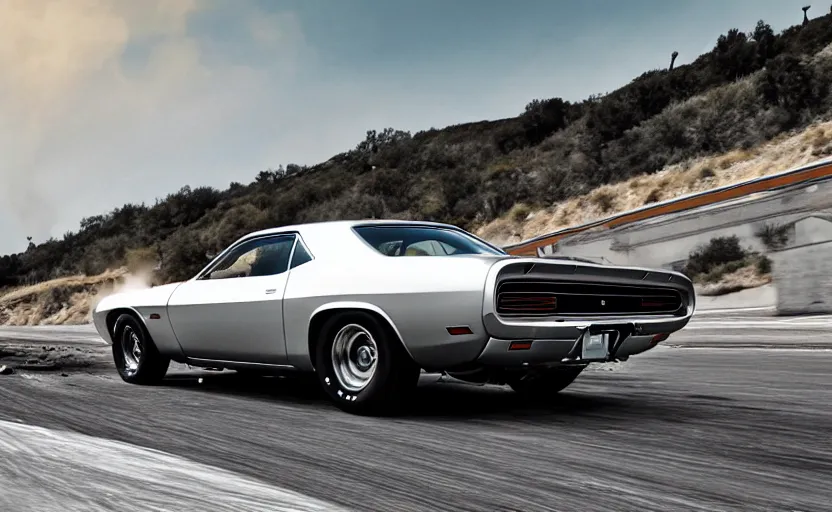 Image similar to a silver 1 9 7 0 plymouth ‘ cuda hemi super track pack driving on a freeway. fire explosion in the background, action scen. realistic. high resolution. dramatic