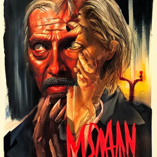 Image similar to detailed details photorealistic pictures of horror movie poster about mr trash man whose like woman and action approriated in the style of bob peak and alex ross, gouache and wash paints color, detailed facial body human environments background foreground proportionate, detailed 5 k details.