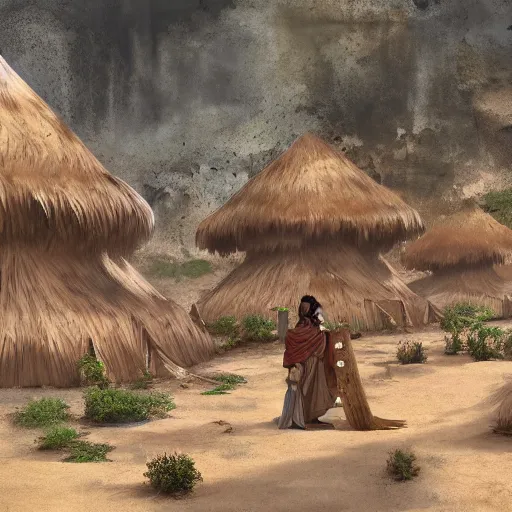 Prompt: extreme long shot of a sacred warrior isolated community living in an oasis in the middle of a large sand desert, digital painting, matte painting, highly detailed, art by mappa, art by kyoani, art by wit studio, art by studio bind