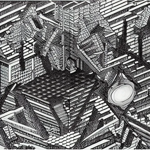 Image similar to the largest prime, mashup between mc escher and vincent van gogh