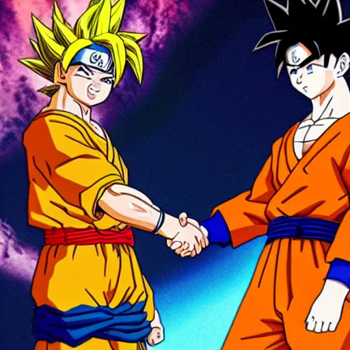 Prompt: Goku and Naruto shaking hands