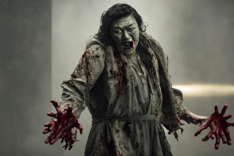 Prompt: film still of zombie zombie Benedict Wong as a zombie in full robes opening a sling portal in new avengers movie, 4k