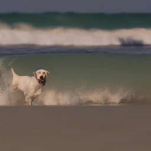 Prompt: a cream-colored dog hanging ten, surfing the cosmic, Leica, 4K