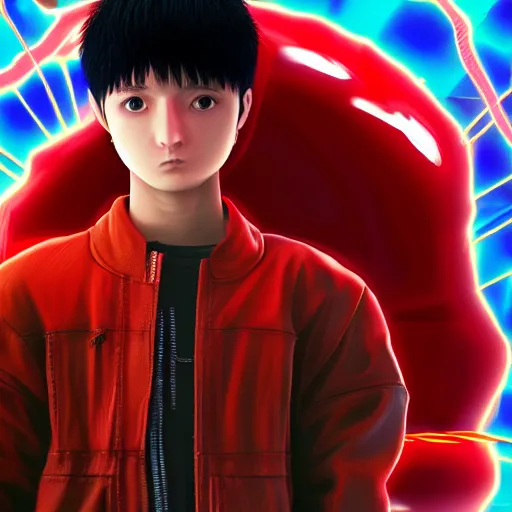 Image similar to ultra realist soft painting render of Kaneda in neo tokyo world, symmetry accurate features, very intricate details, volumetric lighting