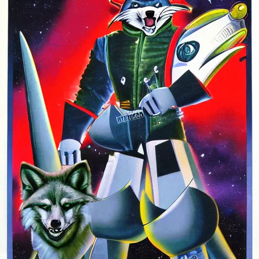 Prompt: 1 9 8 0 s promo movie poster featuring a portrait of the villain male wolf o'donnell anthropomorphic wolf from starfox wearing a dark leather space mercenary uniform, dark grey wolf, handsome eyes, professional art by george perez