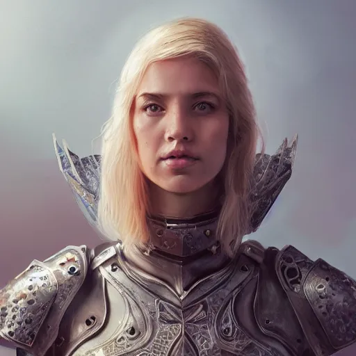 Image similar to full body portrait of a blonde female wearing knight armor, an ultrafine hyperdetailed illustration by tooth wu and wlop and beeple and greg rutkowski, trending on artstation, highly detailed, 4 k, 8 k