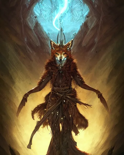 Image similar to Fox Shapeshifter Druid Mage, D&D, artstation, fantasy, magic the gathering artwork, cinematic lighting, centered, symmetrical, highly detailed, digital painting, , concept art, smooth, sharp focus, illustration, volumetric lighting, epic Composition, 8k, art by Akihiko Yoshida and Greg Rutkowski and Craig Mullins, oil painting, cgsociety