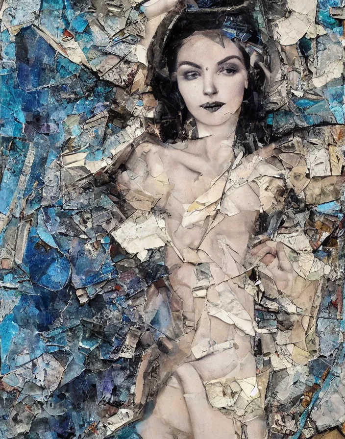 Prompt: female celestial languid extasy detailed analogue mixed collage with canvas texture in style of contemporary art, punk art, realistic beautiful face, photorealism, expressionism, masterpiece, perfect composition, spectacular quality, intricate oil details, broken glass photo, torn paper intricate texture