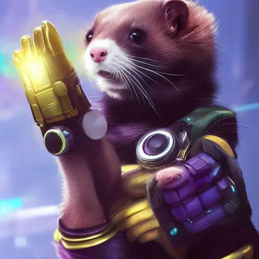 Image similar to A ferret has the Infinity Gauntlet, hyperdetailed, artstation, cgsociety, 8k