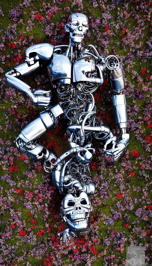 Image similar to destroyed terminator lying in a field of flowers, twisted metal, chrome, reflections, earth, terrible, anthropomorphic, photorealism, smoke, metal, 8 k, surreal, wires, smooth, sharp focus, top view, extremely detailed, ultra - realism, elegant, establishing shot, epic, by jeff koons, artgerm and greg rutkowski