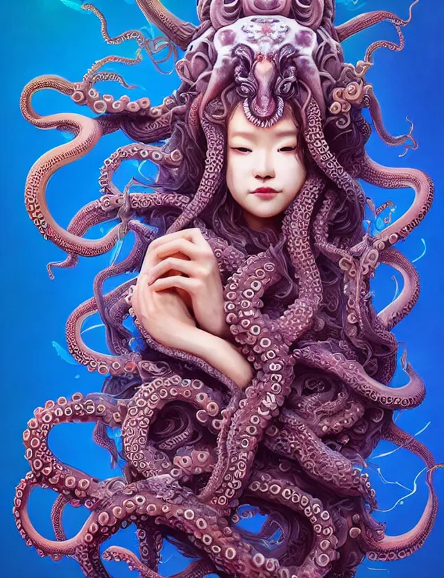 Image similar to 3 d goddess octopus half - turn portrait with long hair with ram skull. beautiful intricately detailed japanese crow kitsune mask and clasical japanese kimono. betta fish, jellyfish phoenix, bio luminescent, plasma, ice, water, wind, creature, artwork by tooth wu and wlop and beeple and greg rutkowski