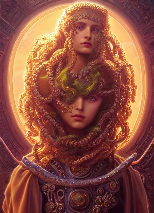 Prompt: pre-raphaelite ultradetailed ornate sci-fi RPG illustration of a beautiful symmetric Medusa radiating a glowing aura wearing a cyberpunk armor with decorum, digital airbrush painting, 3d rim light, hyperrealistic masterpiece, artstation, cgsociety, kodakchrome