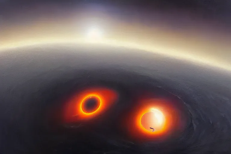 Image similar to a beautiful oil painting of the event horizon of a black hole, orange, warping, detailed, beautiful, awe - inspiring, bright, by greg rutkowski, trending on artstation