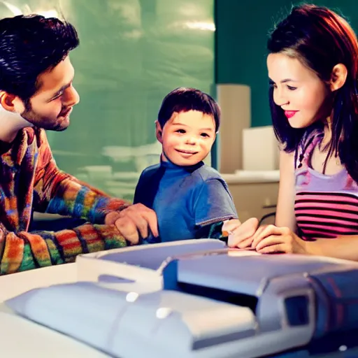 Image similar to a handsome young family with an robotic young boy, scene from a future world where nanotechnology is ubiquitous