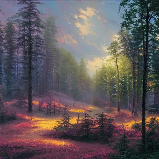 Prompt: Thomas Kinkade painting of a heavily irradiated dead forest