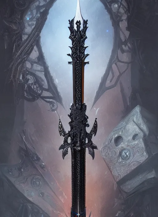 Image similar to legendary sword of technology, intricate black and iridescent blade, ornate gothic baroque spikes, glowing handle, detailed realistic, ray tracing, colored gems, art by greg rutkowski