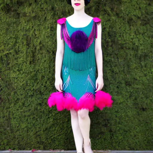 Prompt: Minimalist and Elegant flapper short dress inspired by peacock colors