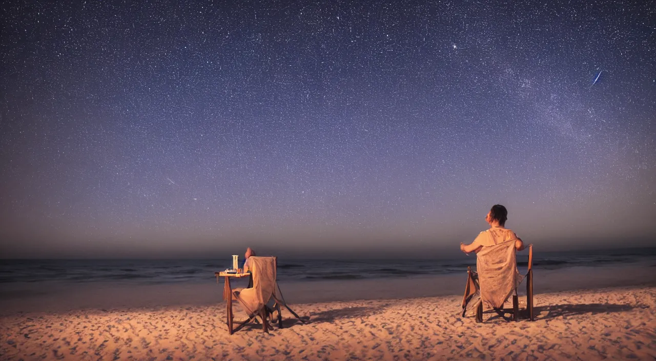 Image similar to someone drinking a cup of tea in the night while watching the stars in the middle of the beach, indigo ambient light