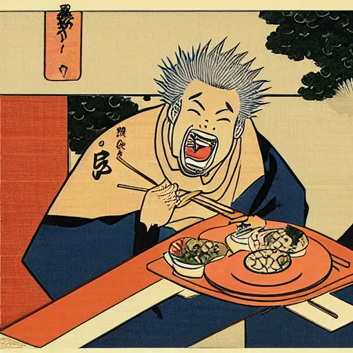 Image similar to Guy Fieri eats Japanese food by Katsushika Hokusai, art
