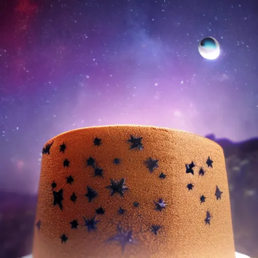 Image similar to Realistic photography of space cake stars and planets on it, behance, artstation, unreal render, unreal engine 5, octane, intricate, 100mm, photorealistic, hyper realism, high detail, smooth, sharp focus, bokeh, 8k, movie shot, cinematic perspective, studio shot