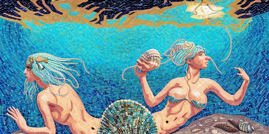 Image similar to ancient roman mosaic of bluehair mermaid with a shell bikini on sea floor, low ceiling, illustration by moebius, rhads, dan mumford, victo ngai, clean thick line, comics style