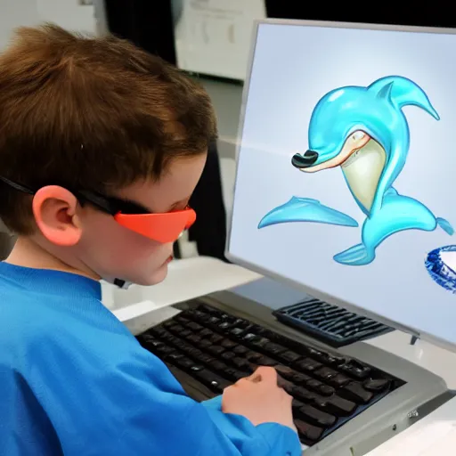 Image similar to An anthropomorphic dolphin dressed as a chemist, playing games on a computer