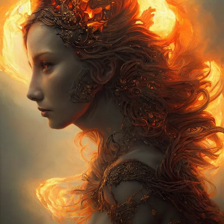 Image similar to Majestic painting of a beautiful young female fire goddess!!, intricate, epic, elegant, menacing, fantasy, highly detailed, digital painting, hard focus, beautiful volumetric lighting, epic light, ultra detailed, souls, smoke, by Leesha Hannigan, Ross Tran, Thierry Doizon, Kai Carpenter, Ignacio Fernández Ríos