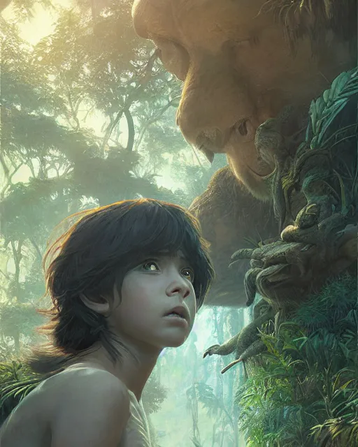 Image similar to still from the jungle book if made by krenz cushart and wenjun lin, portrait, illustration, rim light, top light, summer clear blue sky, perfectly shaded, soft painting, epic, intricate, art